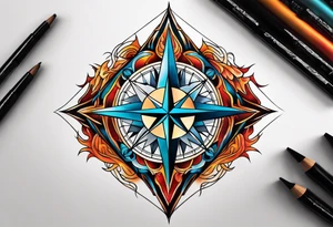 North compass and flames tattoo idea