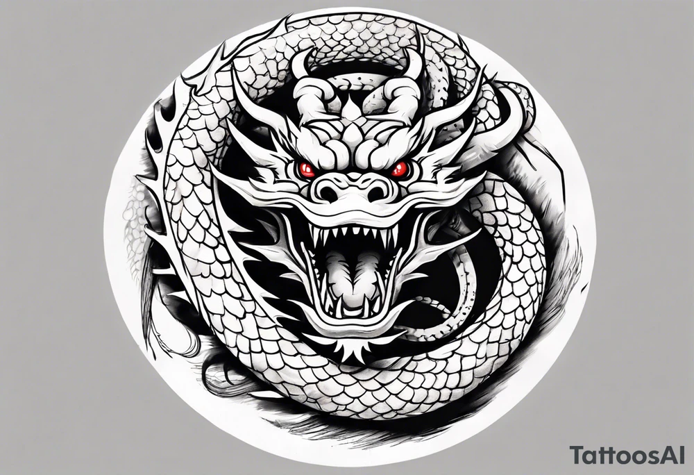 Chinese dragon in a circular shape with "02.03" written on its skin tattoo idea
