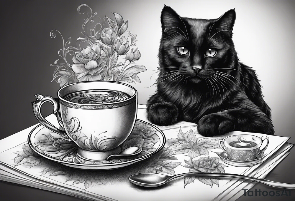 Black cat taking some tea in a wonderful cup tattoo idea