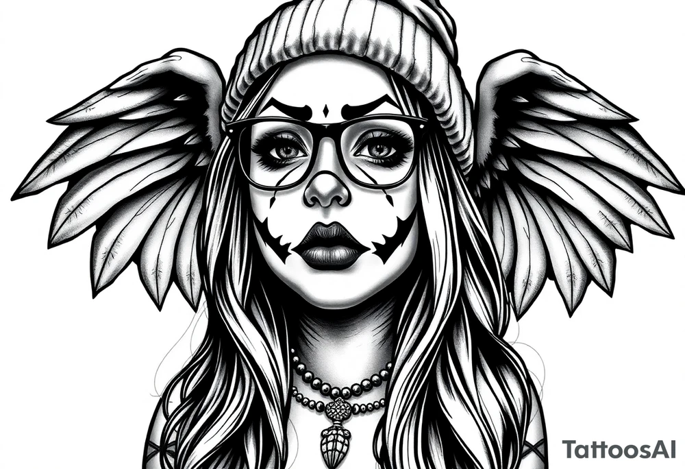 Chicana BBL fat sexy chunky plus size beautiful long hair clown makeup angel wings thug beanie eyeglasses tattoo idea