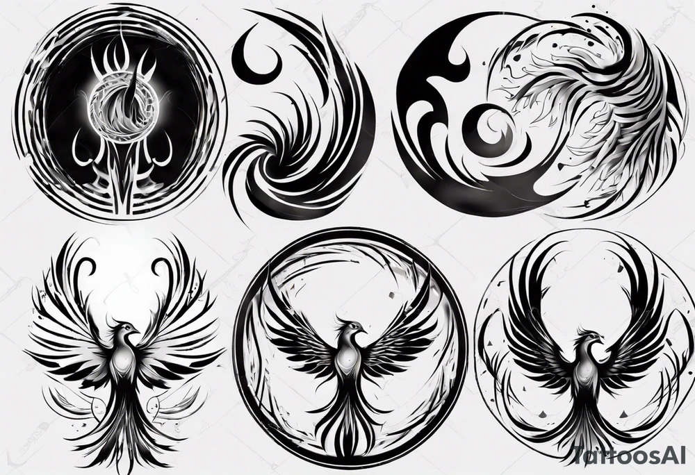 Phoenix rising blending in circles tattoo idea