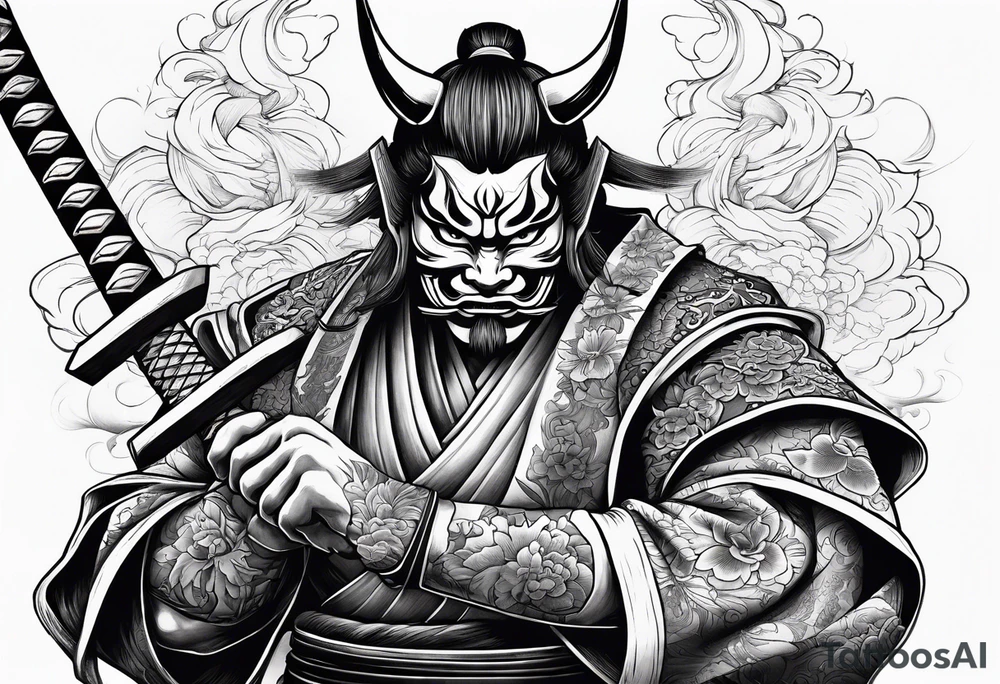 samurai with a hannya mask that covers half of his face who is in a slightly tilted posture holding a katana with both hands tattoo idea