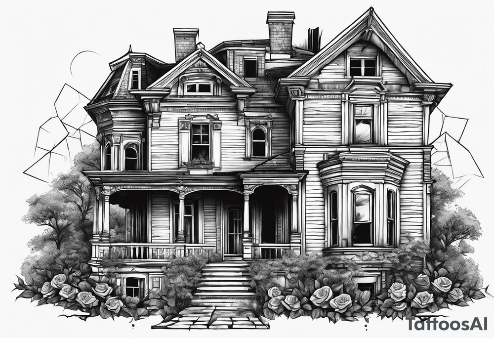 abandoned old house, broken sword, roses, тату рукав tattoo idea