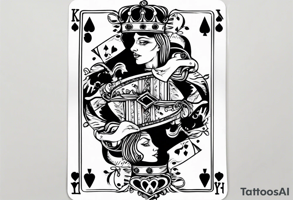 King of heart playing card with the queen of heart playing card around his arm tattoo idea