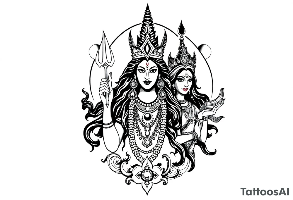 Lord Shiva, Godess Kali, Godess Lilith with the moon phases in the background tattoo idea