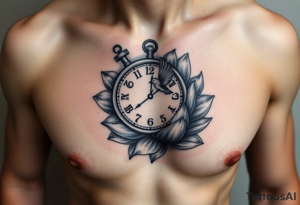 A broken clock floating inside a blooming lotus flower, with a small bird flying out from the clock face tattoo idea