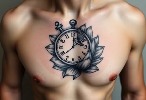 A broken clock floating inside a blooming lotus flower, with a small bird flying out from the clock face tattoo idea