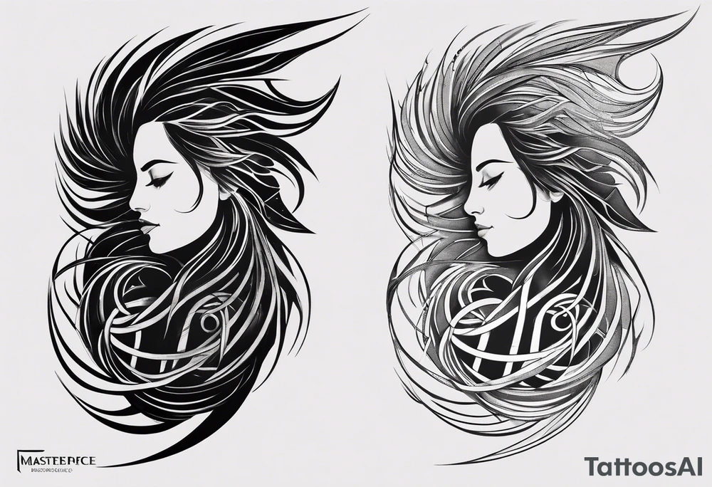 A conceptual tattoo design for the upper arm and shoulder, featuring two interwoven profiles symbolizing the duality of strength and vulnerability. The design combines structured geometric patterns with organic forms like roots or clouds. One of the profiles subtly transforms into a hand that appears to be deconstructing or rebuilding itself, with fine cracks representing fragility. In the background, elements of ancient ruins or castle stones evoke a journey of authenticity and introspection, using light shading and dark, bold lines to add depth and intensity tattoo idea
