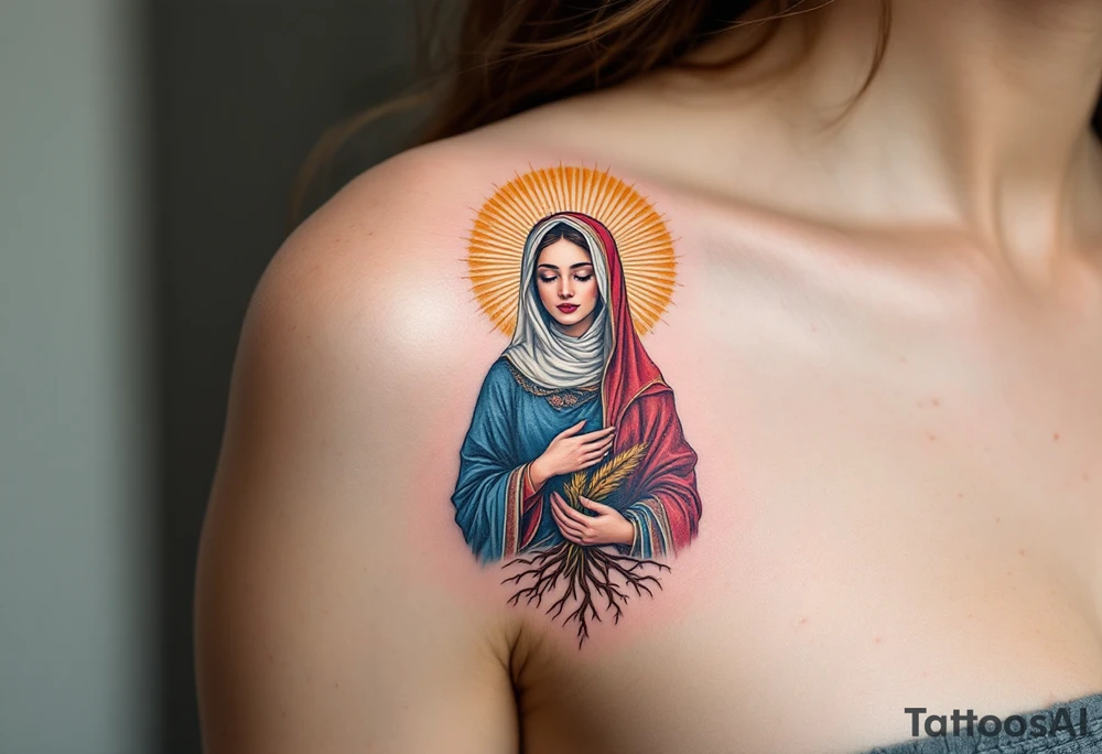 Mokosh – A richly detailed woman in Slavic robes of blue and red, holding wheat and water, framed by earthy brown tree roots and golden rays. tattoo idea