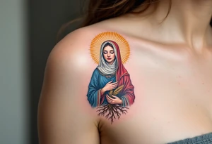 Mokosh – A richly detailed woman in Slavic robes of blue and red, holding wheat and water, framed by earthy brown tree roots and golden rays. tattoo idea