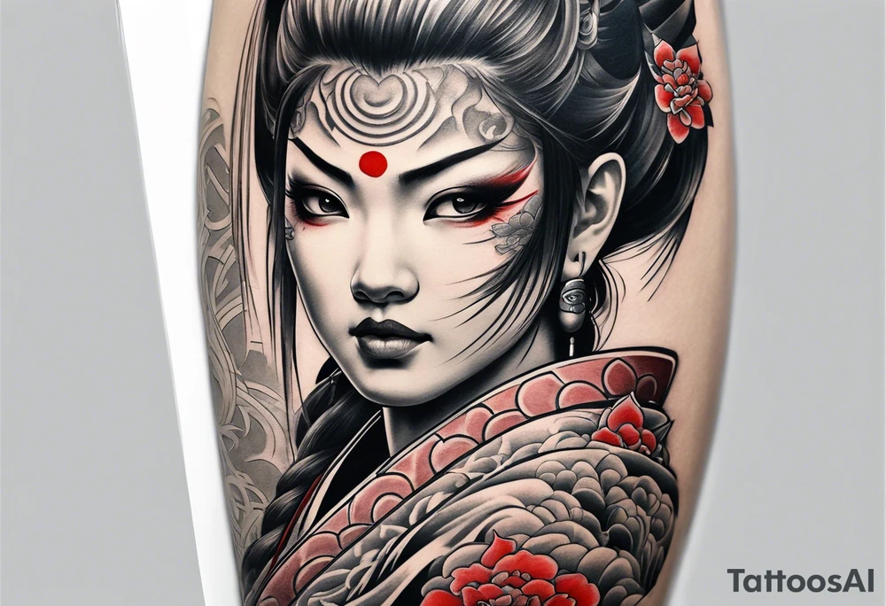 leg tattoo, full leg, oni, girl, oni girl, samurai, japanise style tattoo idea