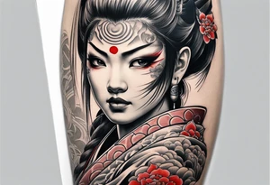 leg tattoo, full leg, oni, girl, oni girl, samurai, japanise style tattoo idea