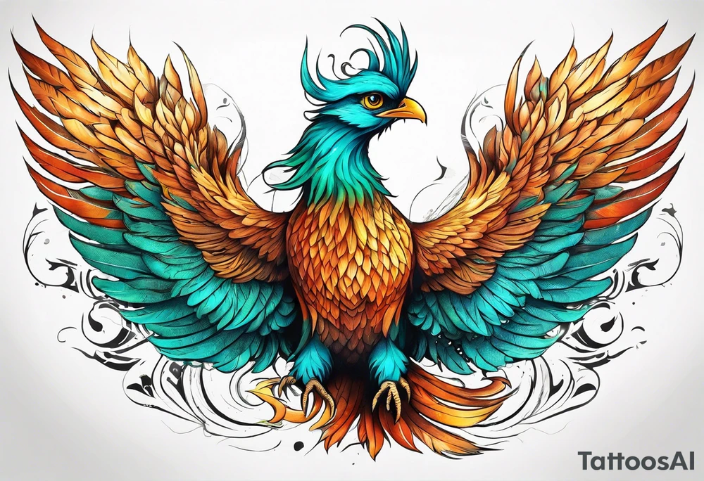 Proud Strong phoenix with turquoise ends of wings tattoo idea