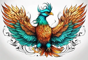 Proud Strong phoenix with turquoise ends of wings tattoo idea