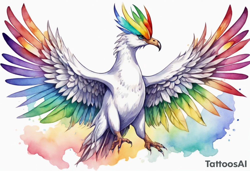 a watercolor of a white bird-serpent hybrid wearing a plain crown, with rainbow wing feathers, flying in the sky tattoo idea