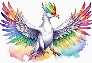 a watercolor of a white bird-serpent hybrid wearing a plain crown, with rainbow wing feathers, flying in the sky tattoo idea