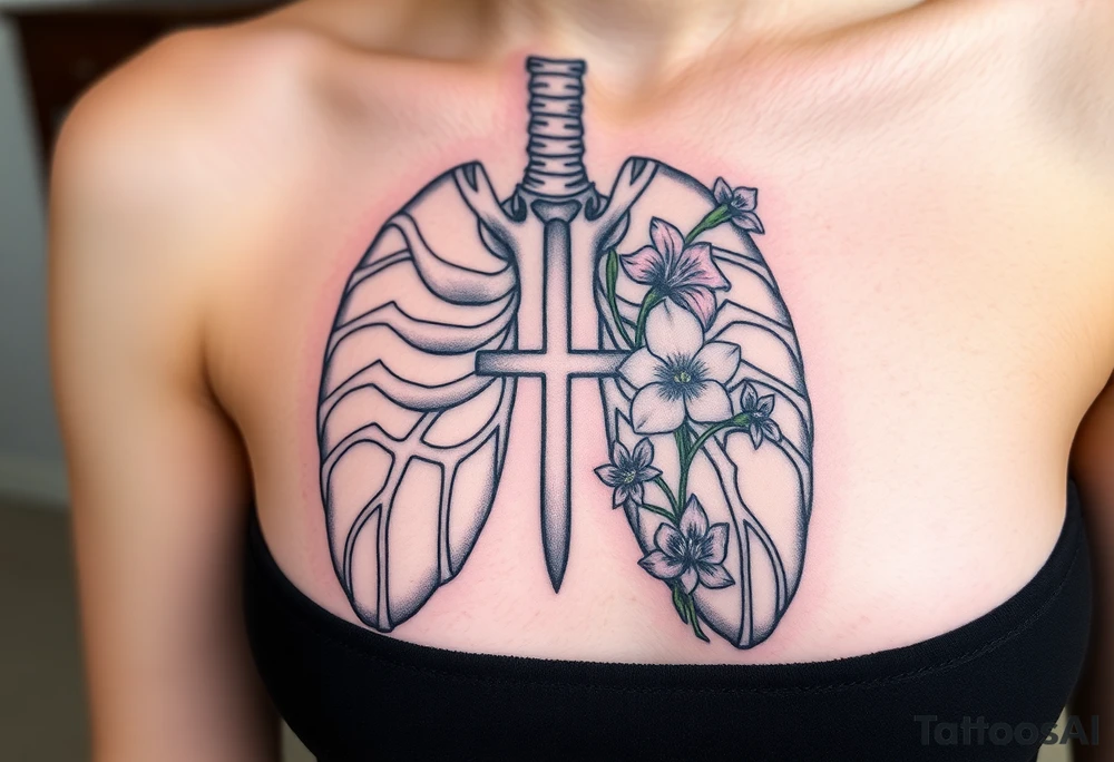 tattoo with skeleton lungs
: one side representing death and the other life. (from death to life) with a simple cross down the middle. The life side I'd like the following flowers growing out of it: Morning Glory, Lily of the Valley, Daffodil, Rose, Poppy, and Iris tattoo idea