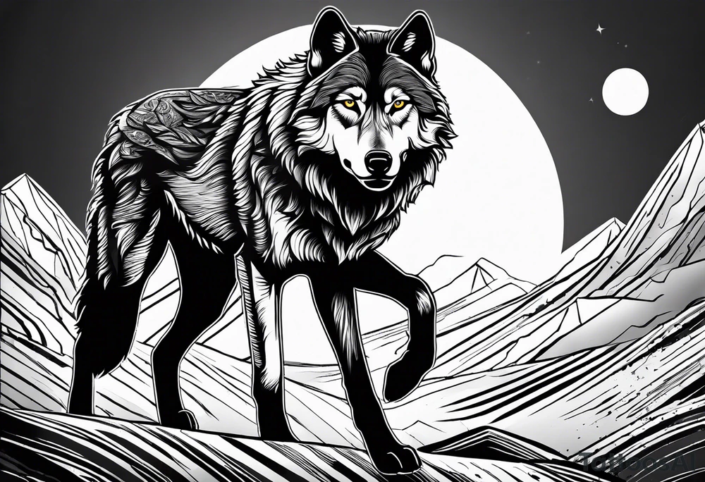 strength, small, running young wolf, elegant, sun, lenghty tattoo idea