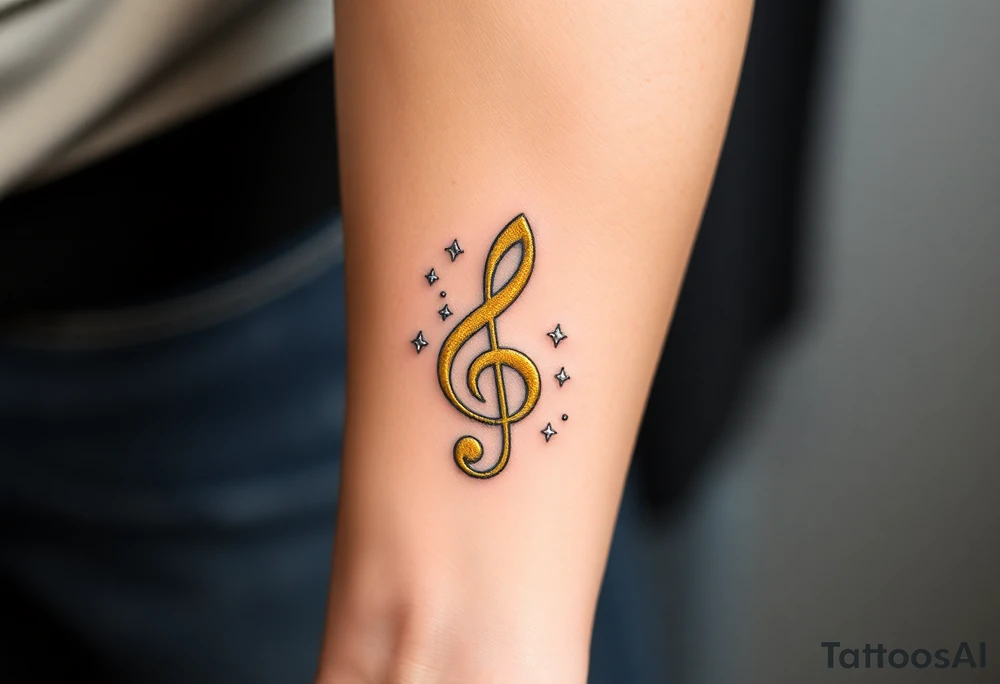 A gold treble clef with subtle silver accents, surrounded by delicate sparkles tattoo idea