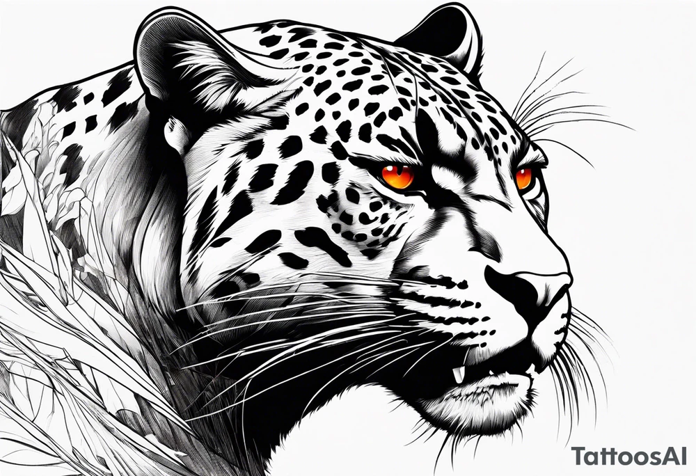 Slight side angle of Facial facing left of an angry panther with red-orange eyes tattoo idea