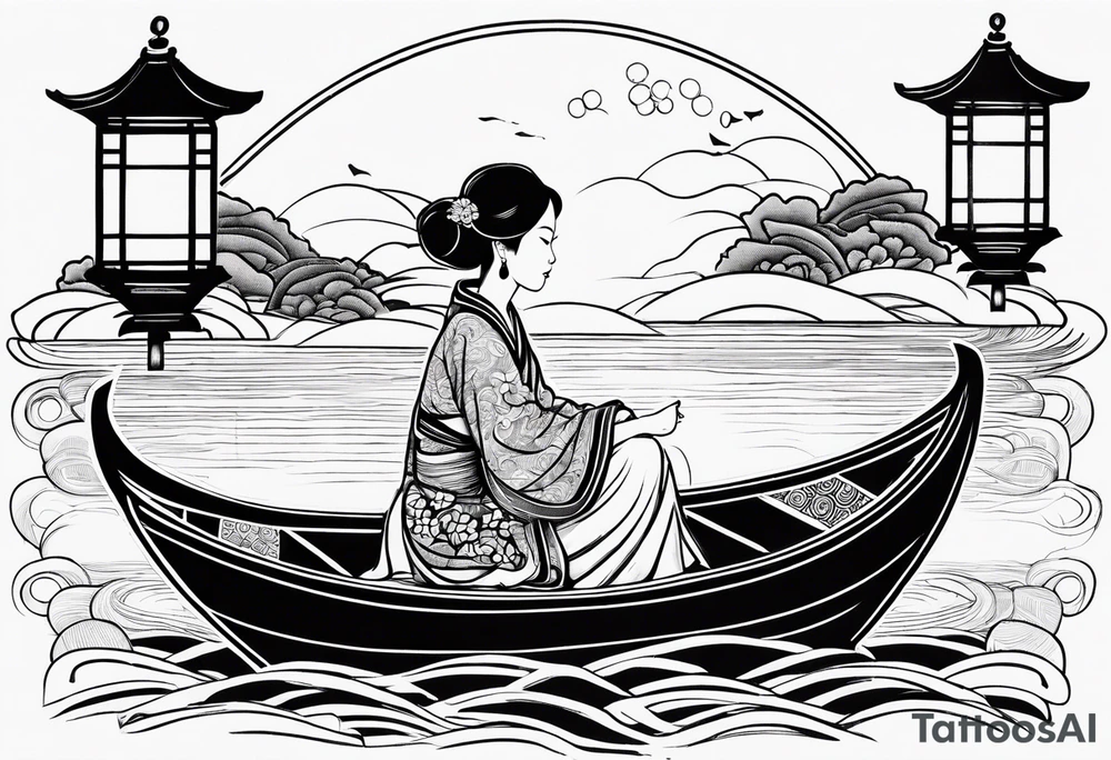vietnamese lady on boat lanterns water tattoo idea