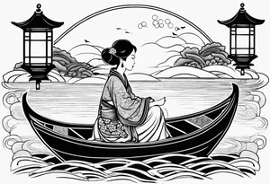vietnamese lady on boat lanterns water tattoo idea