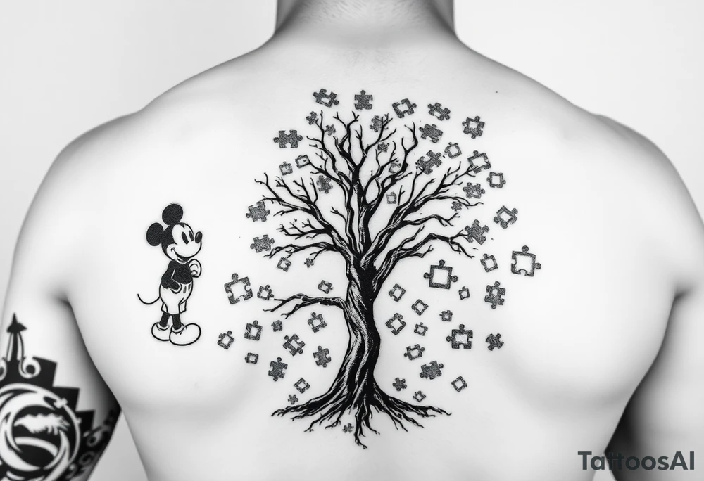 Autism full left arm sleeve including Mickey Mouse and a tree at the start with autism puzzle pieces everywhere tattoo idea