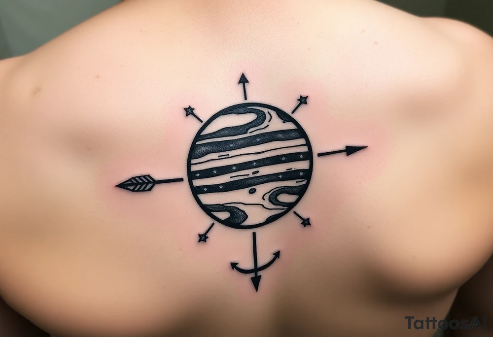 Jupiter with rings tattoo with tiny stars add sagittarius bow and arrow and the zodiac sign of fire tattoo idea