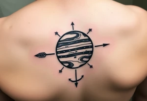 Jupiter with rings tattoo with tiny stars add sagittarius bow and arrow and the zodiac sign of fire tattoo idea
