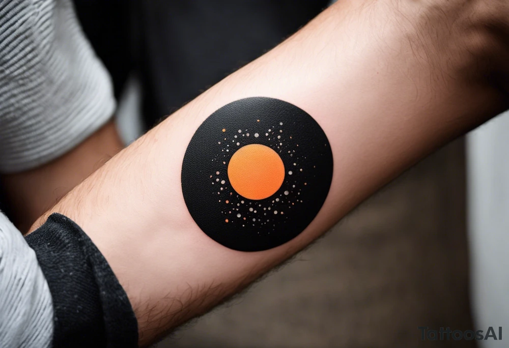 This is an extremely simple and minimalistic tattoo on male forearm. It is black and white with minuscule splashes of orange from the sun. The tattoo 4 inches wide by 2 inches tall. I is NOT a circle. From the perspective of being on the ocean, Water is calm, with no waves in sight, the sun is setting behind the ocean, reflecting light onto the ocean. tattoo idea
