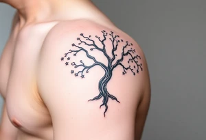 Flowing asymmetrical symbolic tree quarter sleeve on shoulder that extends down arm and onto back and chest. Bold and simple branches that do not look realistic. Tree of gondor with seven stars tattoo idea