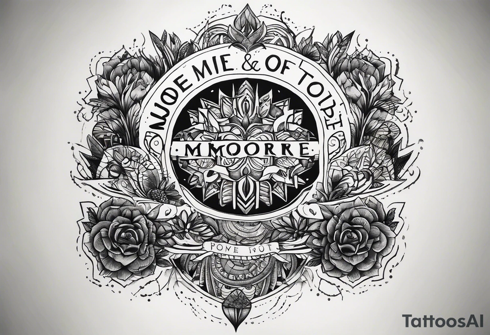 A thigh tattoo of the name Moore and also says from the past we rise to our future tattoo idea