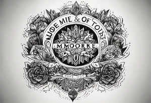 A thigh tattoo of the name Moore and also says from the past we rise to our future tattoo idea