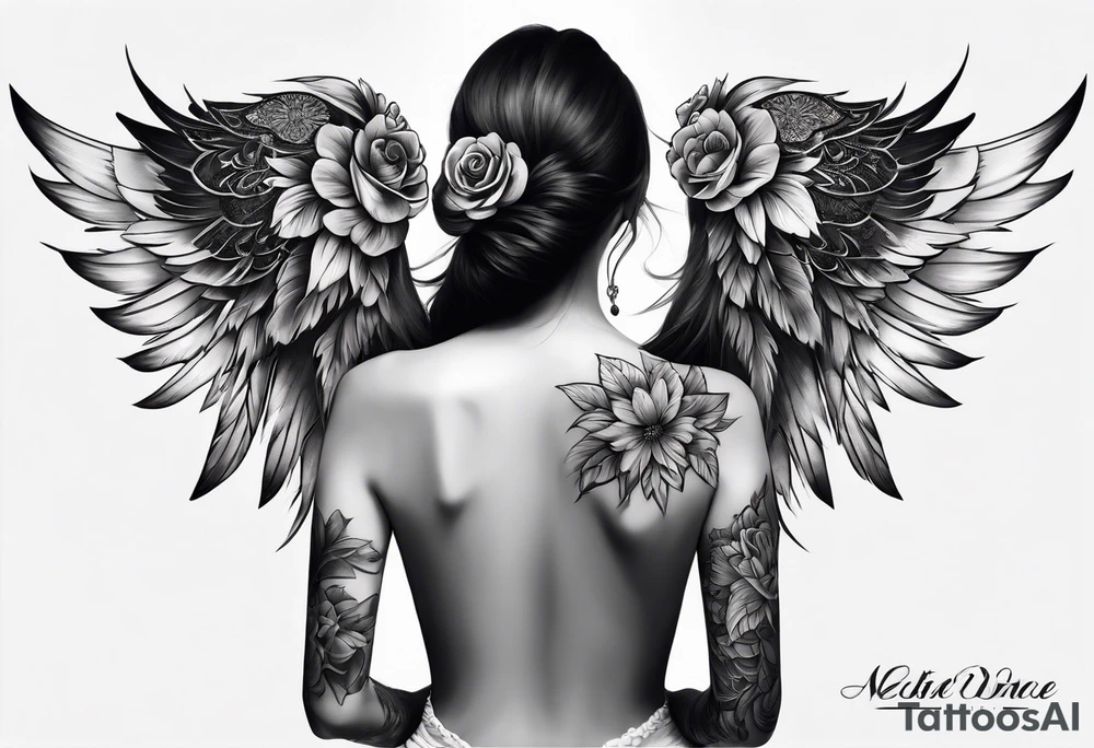 Full back tattoo covering the whole back with wings on top and flowers on bottom tattoo idea