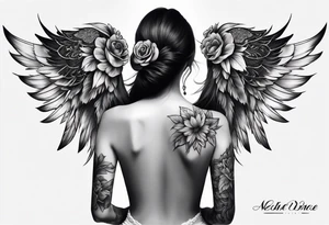 Full back tattoo covering the whole back with wings on top and flowers on bottom tattoo idea