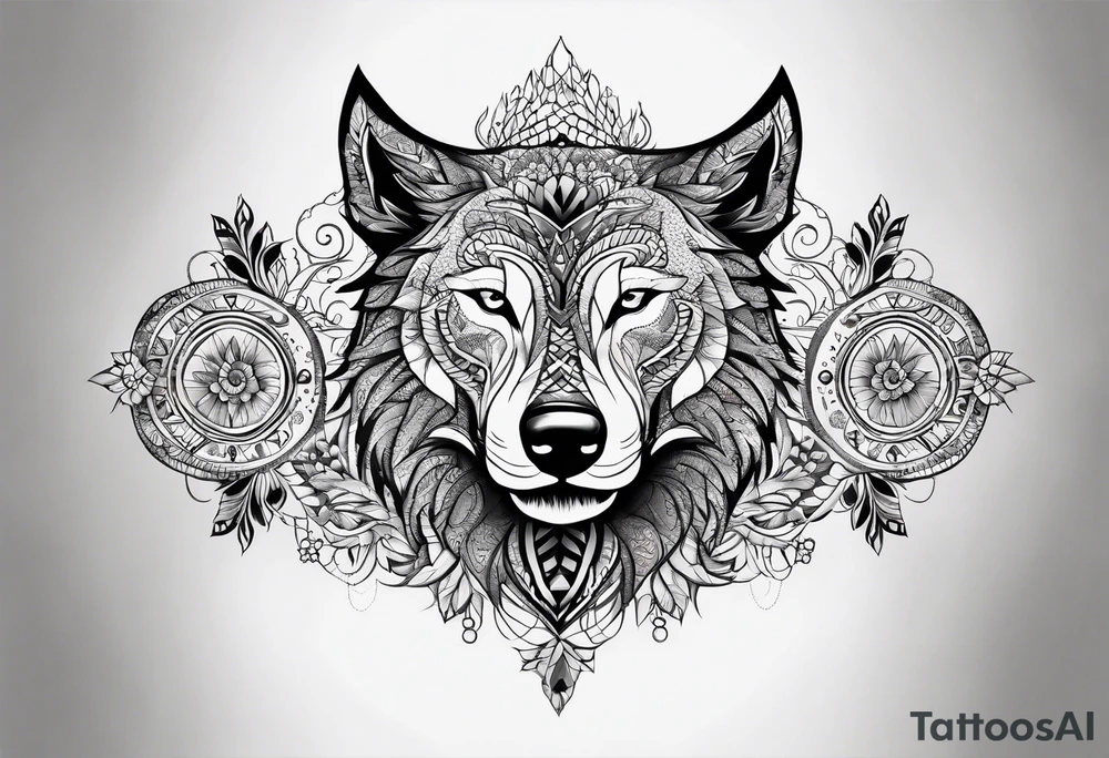 leg sleeve with mandela patterns and a wolf tattoo idea
