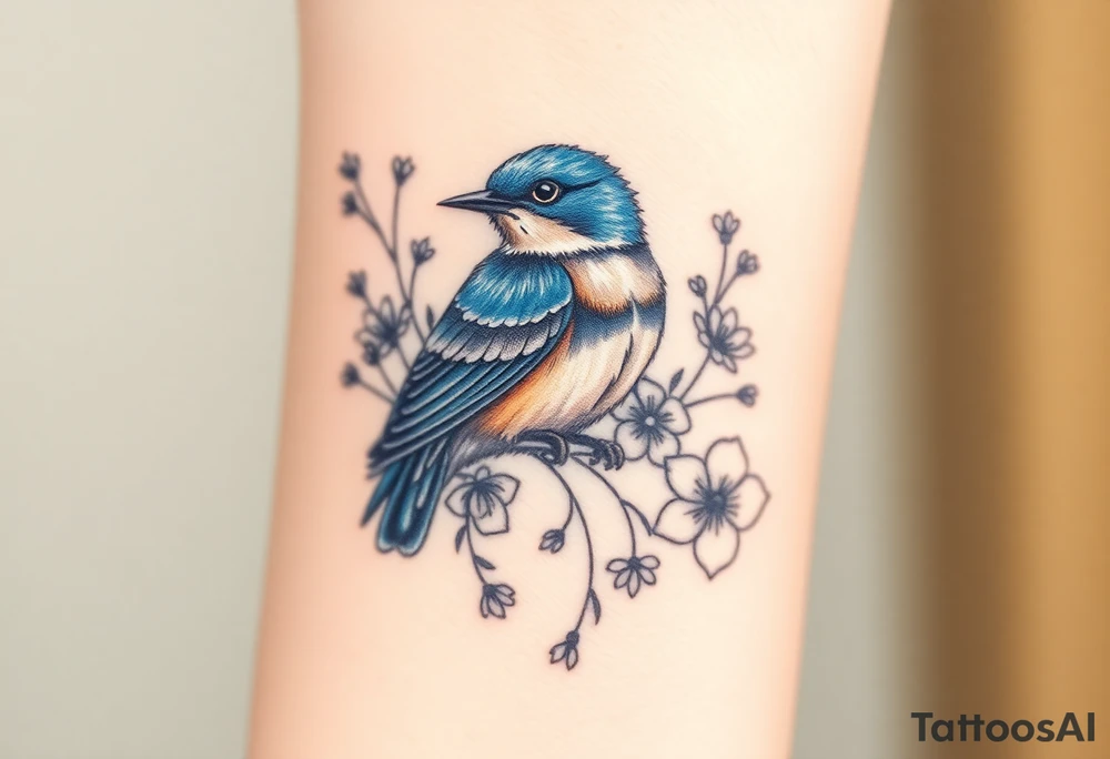 powerful majestic bluebird surrounded by wild flowers tattoo idea