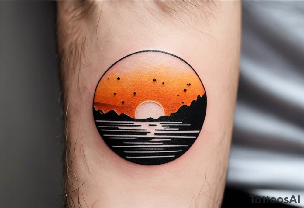 This is an extremely simple and minimalistic tattoo placed on male forearm. It is black and white with tiny splashes of orange from the sun. The tattoo is 4 inches wide by 2 inches tall. From the perspective of being on the ocean, the water is calm, with no waves in sight, the sun is setting behind the ocean, reflecting light onto the water. Most importantly, the tattoo in the shape of a rectangle, 4 inches wide by 2 inches tall. The water has shading. tattoo idea