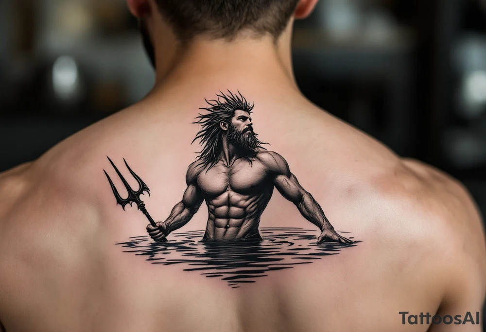 fit young poseidon, with trident, in calm water, looking at the sky tattoo idea