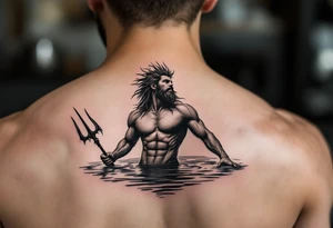 fit young poseidon, with trident, in calm water, looking at the sky tattoo idea