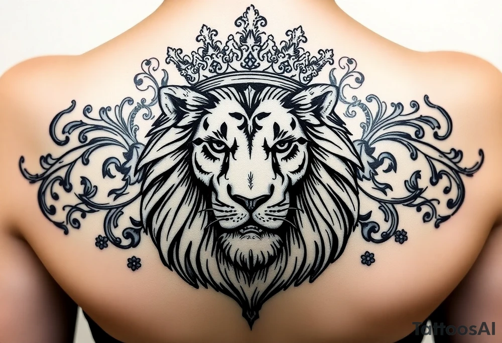 majestic lion wearing ornate crown, surrounded by baroque flourishes tattoo idea
