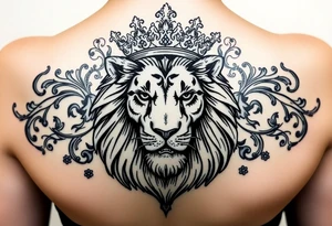 majestic lion wearing ornate crown, surrounded by baroque flourishes tattoo idea