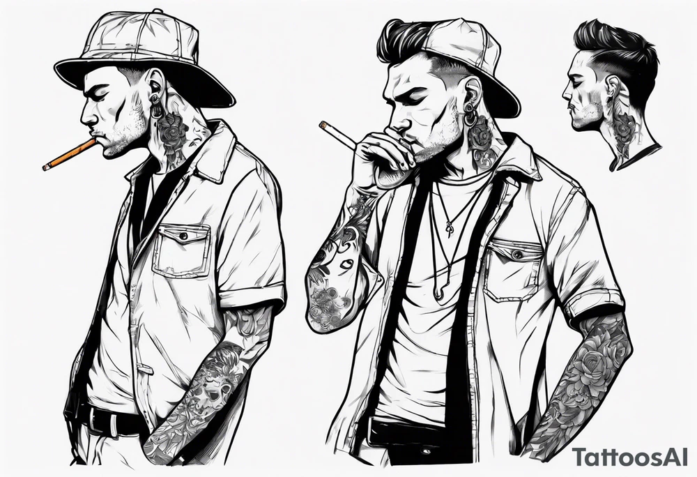 A man standing full-length, smoking a cigarette, with earrings in his ears, no headgear tattoo idea