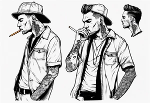 A man standing full-length, smoking a cigarette, with earrings in his ears, no headgear tattoo idea