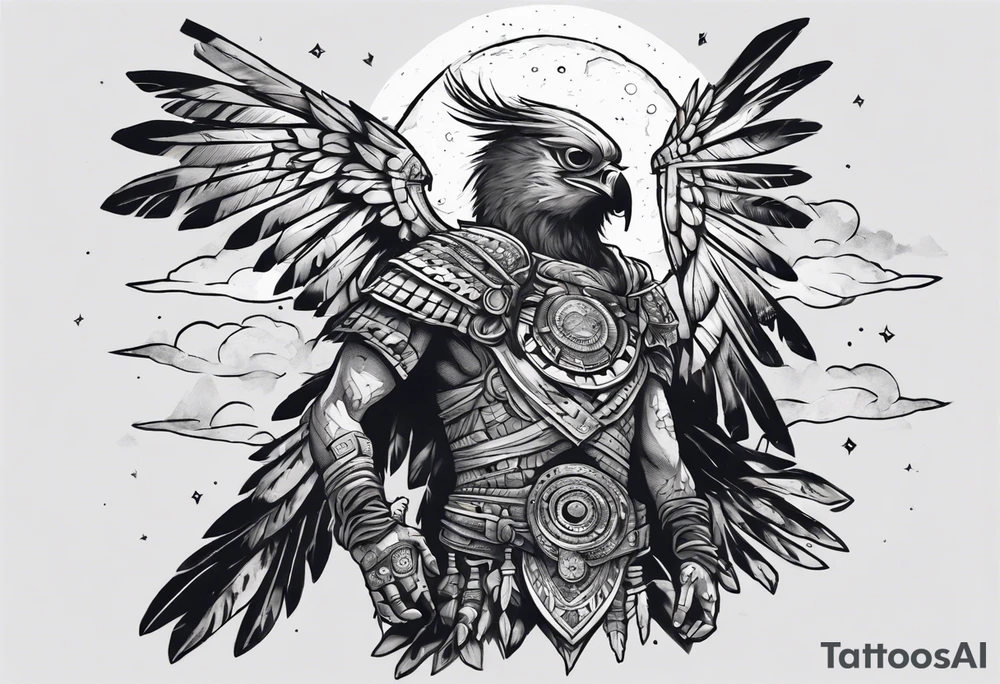 Aztec warrior gazing at the night sky in the moonlight as a harpy eagle flys by dark aesthetic tattoo idea