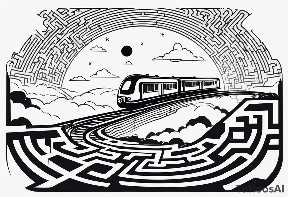 Maze with a train track in the middle. Sky cracking with moon of time tattoo idea