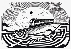 Maze with a train track in the middle. Sky cracking with moon of time tattoo idea
