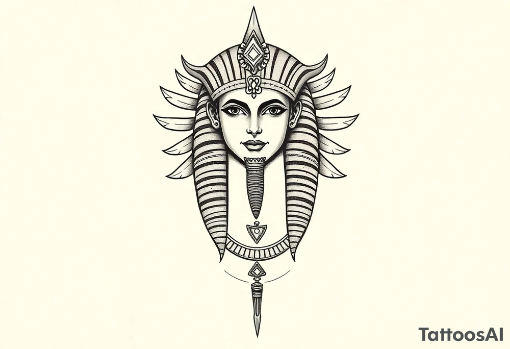 Tatuagem egípcia feminina detalhada, representando o deus egipicio Horus na sua forma de falcão da mitologica egipicio, com adornos e simbolos tradicionais egípicios, a figura está em posição frontal, com detalhes hieroglíficos sutis ao redor, integrados harmonicamente. Fundo minimalista, inspirado em papiro antigo, com tons terrosos suaves. Estilo artístico com traços finos, sombra leve para destacar volume, ideal para a parte frontal da canela, transmitindo elegância e misticismo. tattoo idea