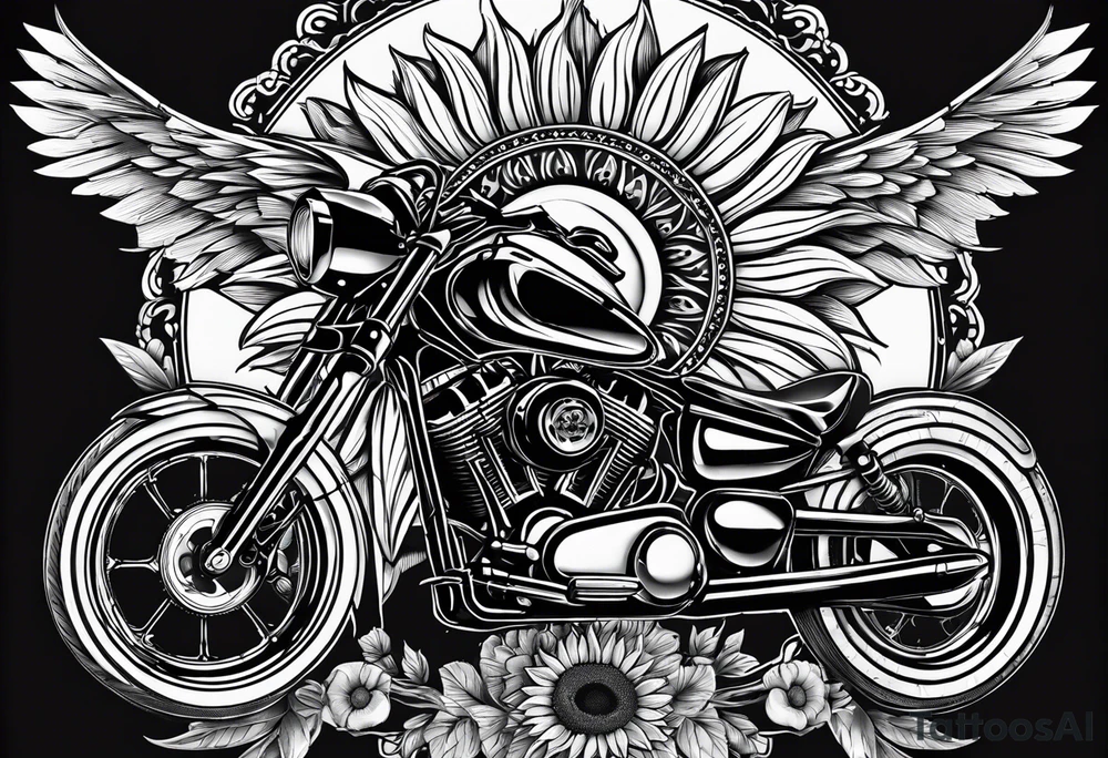 A central cross with the names Kyle Peter Lori on it with lighting a motorcycle and a sunflower around it tattoo idea