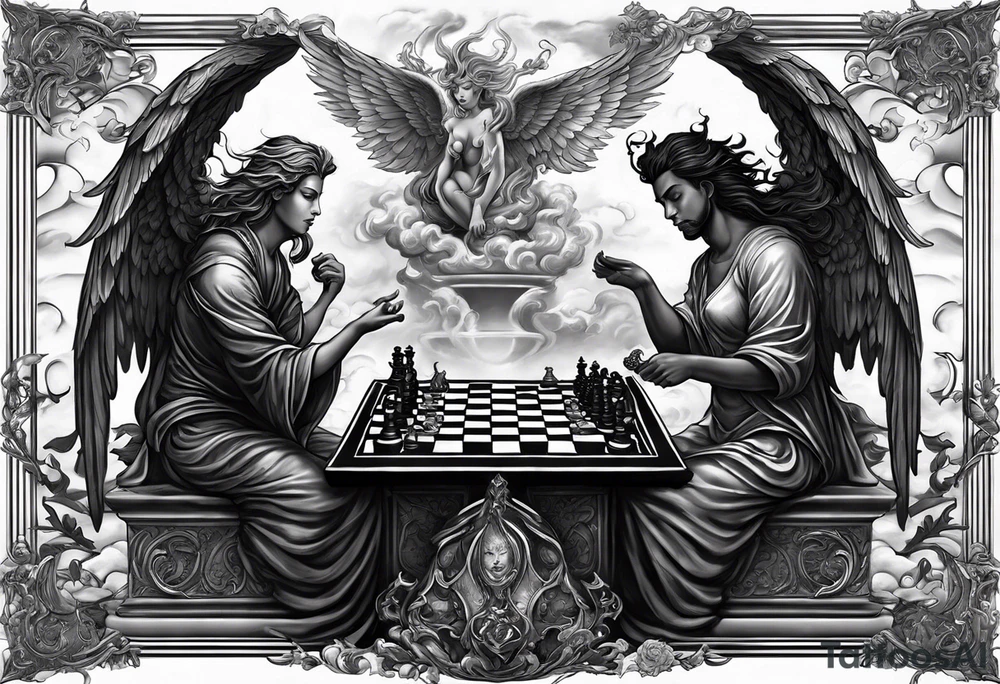Depict an angel and demon playing chess on a board that morphs from celestial clouds to fiery inferno, representing the merging of the spiritual realms in the eternal game tattoo idea